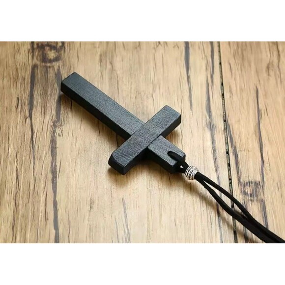 Handmade Black Wooden Cross Necklace on Cord for Men, Women & Children - Picture 2 of 6